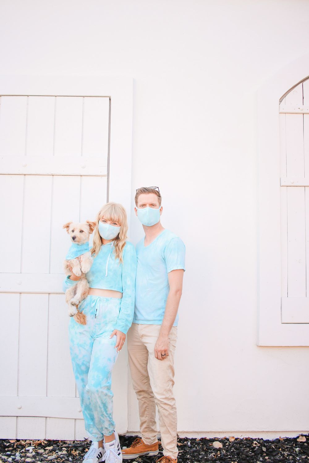 Matching tie-dye sweatsuit and face masks